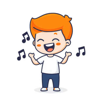 Happy cartoon boy singing joyfully with music notes around him. png