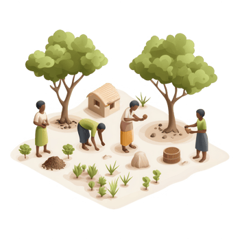 Illustration of people cultivating a vibrant garden in a rural setting. png