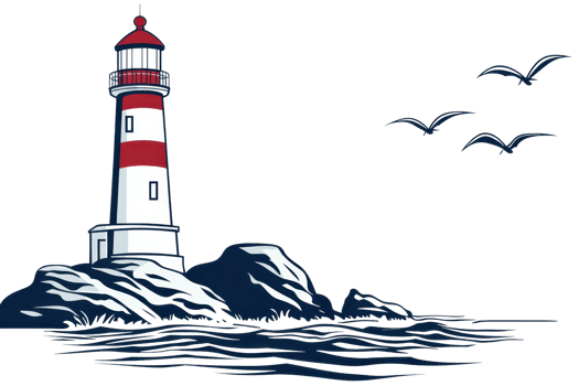 A red and white striped lighthouse stands on rocky terrain, casting a guiding light over dark waters, with birds soaring in the sky. png