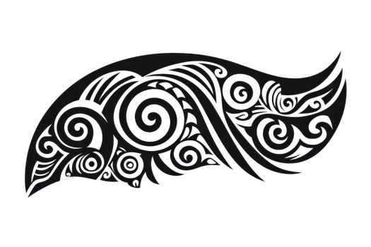 A stylized tribal design featuring intricate swirls and patterns, conveying a sense of movement and cultural significance. png