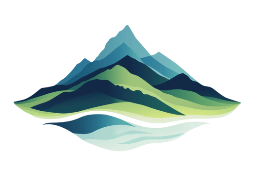A stylized mountain landscape featuring layered peaks and rolling hills, complemented by a reflective water surface. png