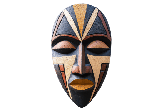 A colorful, intricately designed mask featuring geometric patterns and expressive facial features. png