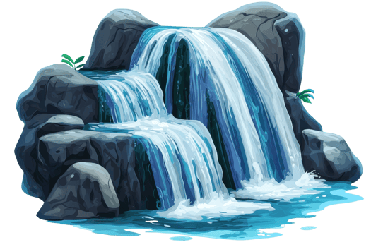 A cascading waterfall flows over rocks, creating a serene and refreshing scene with vibrant blue water. png