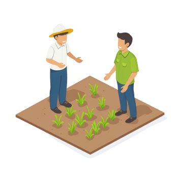 Two farmers discussing crop growth and techniques in a sustainable farm setting. png