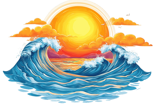 A vibrant sun setting behind stylized ocean waves, with clouds accentuating the warm colors of the scene. png
