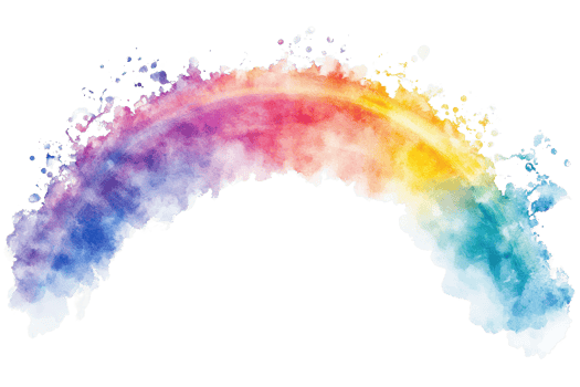 A vibrant watercolor rainbow arching gracefully, showcasing a spectrum of colors with artistic splashes at its edges. png