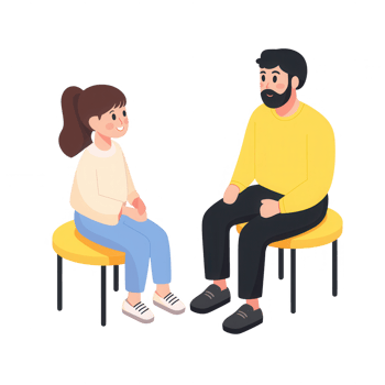 Two individuals engaged in a friendly conversation on yellow stools. png