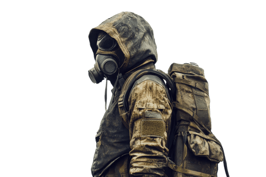 A figure wearing a gas mask and tactical gear, equipped with a backpack, exuding a sense of caution and preparedness. png