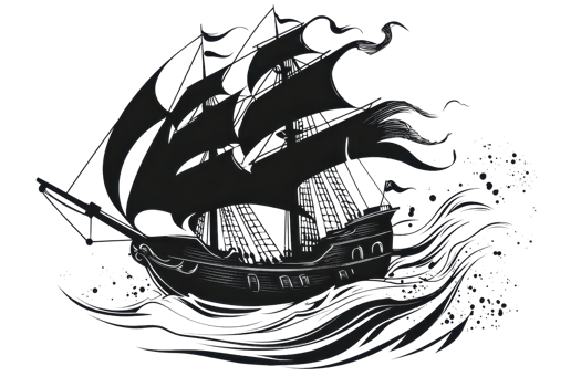 A dramatic ship with billowing sails navigating through turbulent waves, embodying the spirit of adventure and mystery. png