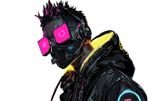 A futuristic figure wearing vibrant glasses and a high-tech mask, capturing a cyberpunk aesthetic with neon accents. png