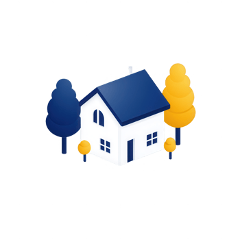 Stylized house illustration surrounded by vibrant trees in a colorful design. png
