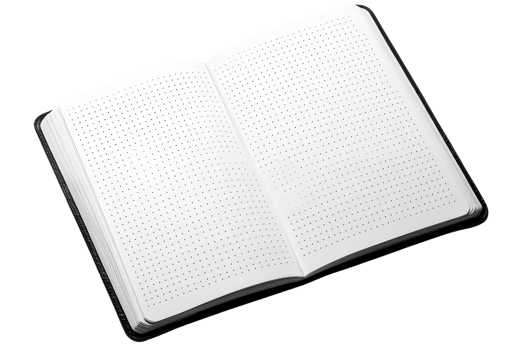 An open notebook with dotted pages, showcasing its interior layout and blank spaces for writing or drawing. png