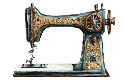 An ornate vintage sewing machine with intricate designs and a large handwheel, showcasing craftsmanship and historical significance. png
