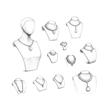 Stylish jewelry display with elegant designs and various necklace styles in monochrome. png