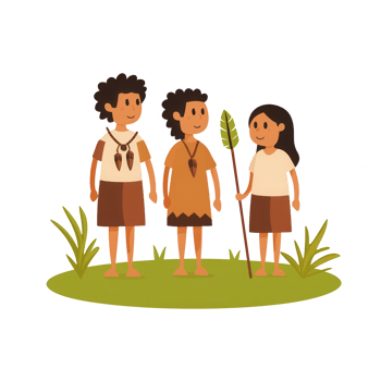 Three cartoon characters in traditional attire standing in a lush green environment. png