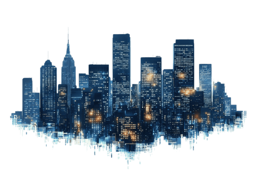 A stunning skyline featuring tall buildings illuminated at night, showcasing a vibrant urban landscape. png