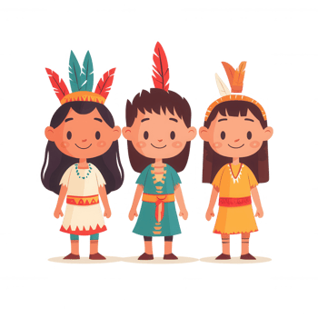 Three cartoon children in traditional attire with vibrant feathers. png