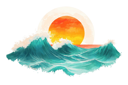 A vibrant sun setting over stylized ocean waves, showcasing dynamic blues and greens with a warm orange glow. png