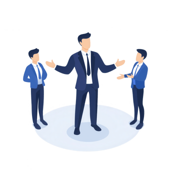 Three business people engaging in a discussion with open gestures and professional attire. png