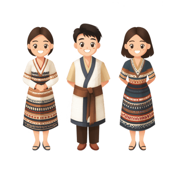 Three cheerful individuals in traditional attire showcasing cultural heritage. png