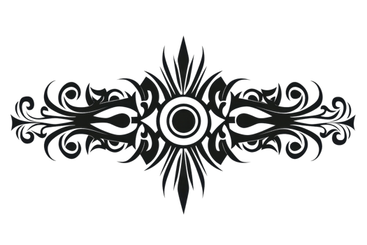 A decorative black design featuring intricate swirls and a central circular motif. png