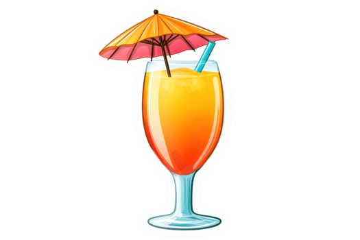 A colorful cocktail in a glass, topped with a small umbrella and a straw, evoking a tropical vibe. png