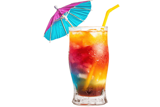 A vibrant cocktail served in a glass with layers of colorful liquids, ice, a straw, and a small umbrella. png