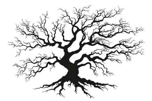 A dark, intricate tree with sprawling branches that twist and turn, showcasing a striking silhouette. png