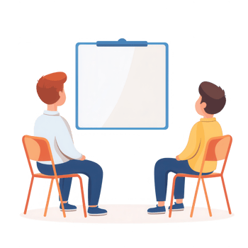 Two men in a meeting watching a presentation on a whiteboard. png