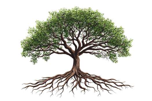 A majestic tree with lush green foliage and intricate roots, symbolizing strength and vitality. png