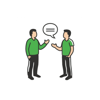 Two people engaging in conversation, sharing ideas and thoughts with speech bubbles. png