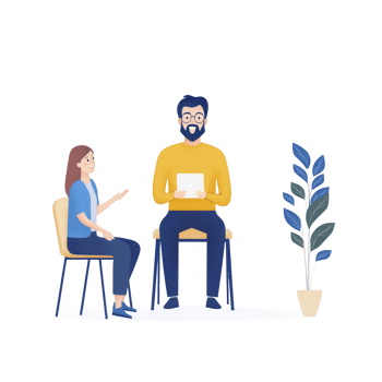 Two people engaged in conversation while sitting on chairs with a plant. png