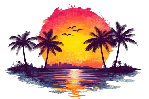 A vibrant sunset scene with palm trees, reflecting in water and silhouetted against a colorful horizon. png