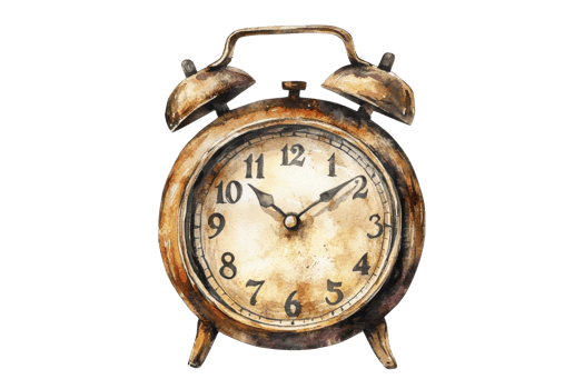 A vintage alarm clock with a classic design featuring large numbers and ornate details, showcasing a rustic, aged appearance. png