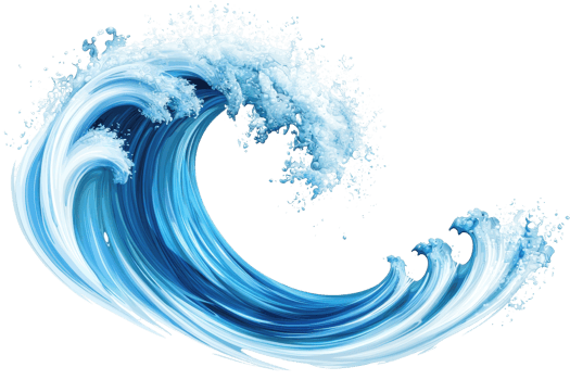 A dynamic wave with vibrant blue hues and white frothy crests, showcasing the energy and movement of water. png