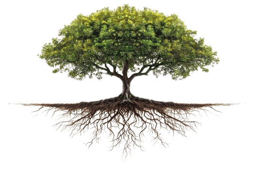 A lush green tree with a broad canopy and extensive roots, symbolizing growth and stability. png