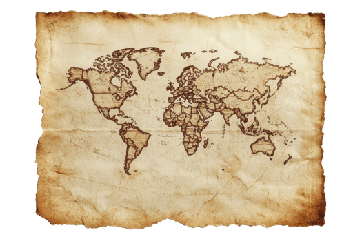 An antique world map featuring geographic outlines and labels, illustrated on aged parchment with a vintage appearance. png