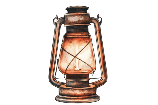 An antique lantern with a glowing light, featuring a classic design and rustic metal detailing. png