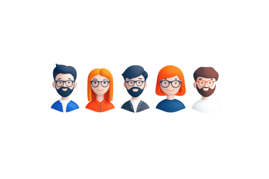 A collection of five stylized characters with glasses, featuring various hairstyles and colors, showcasing a diverse representation. png