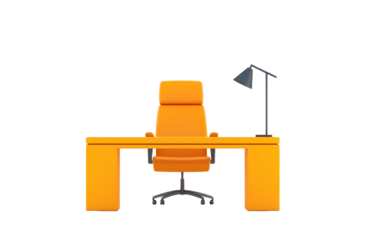 A modern orange office desk with a matching ergonomic chair and a sleek desk lamp. png