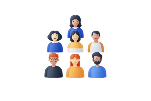 The image features a group of diverse, stylized avatars arranged in a pyramid formation, showcasing various hairstyles and clothing colors. png