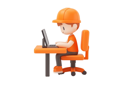 A cartoon character in orange attire sits at a desk, focused on a laptop while typing. png
