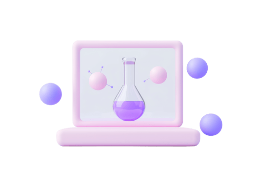 A digital illustration of a laptop displaying a purple laboratory flask, surrounded by colorful molecular spheres. png