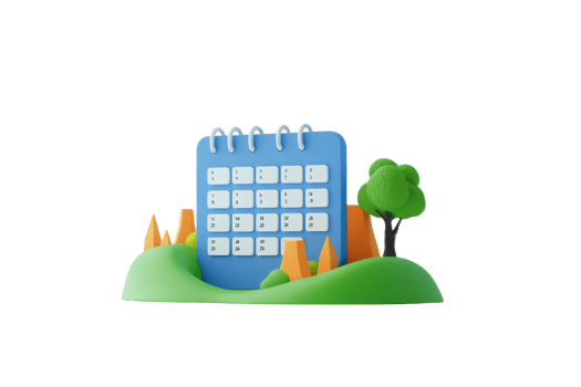 A colorful calendar model featuring a blue cover, white date squares, and surrounded by green hills, trees, and orange cones. png