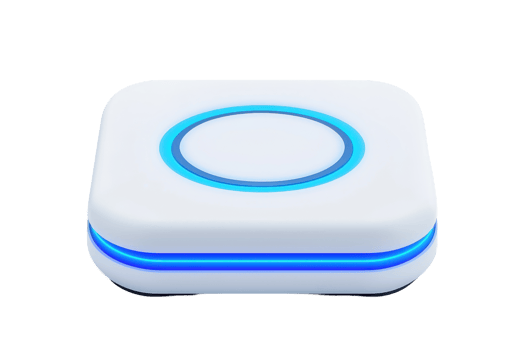 A sleek, modern device featuring a white exterior with blue LED accents, designed for contemporary technology applications. png