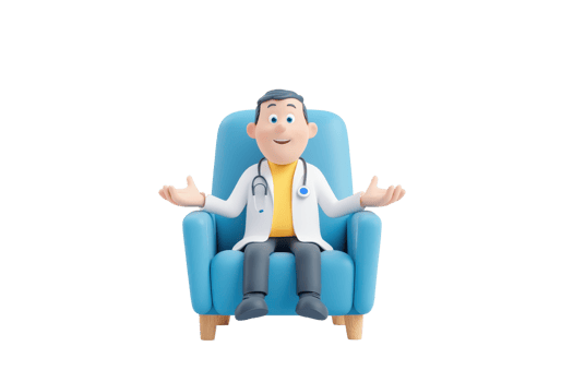 A cheerful cartoon doctor sitting in a blue chair, gesturing with open hands, conveying friendliness and approachability. png