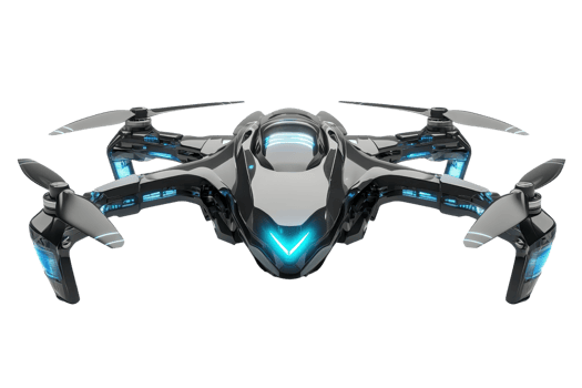 A sleek, futuristic drone with four rotors and a glowing blue accent, designed for advanced aerial technology. png