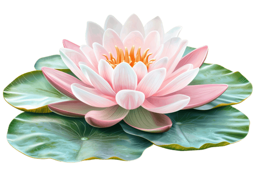 A vibrant pink and white lotus flower rests gracefully on green lily pads. png