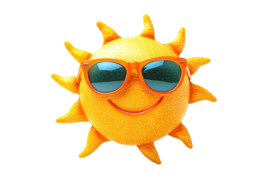 A cheerful, cartoonish sun character wearing stylish sunglasses, radiating a friendly and playful vibe. png