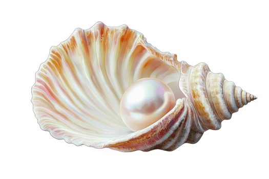 A beautifully detailed shell with a lustrous pearl nestled inside, showcasing intricate textures and natural colors. png
